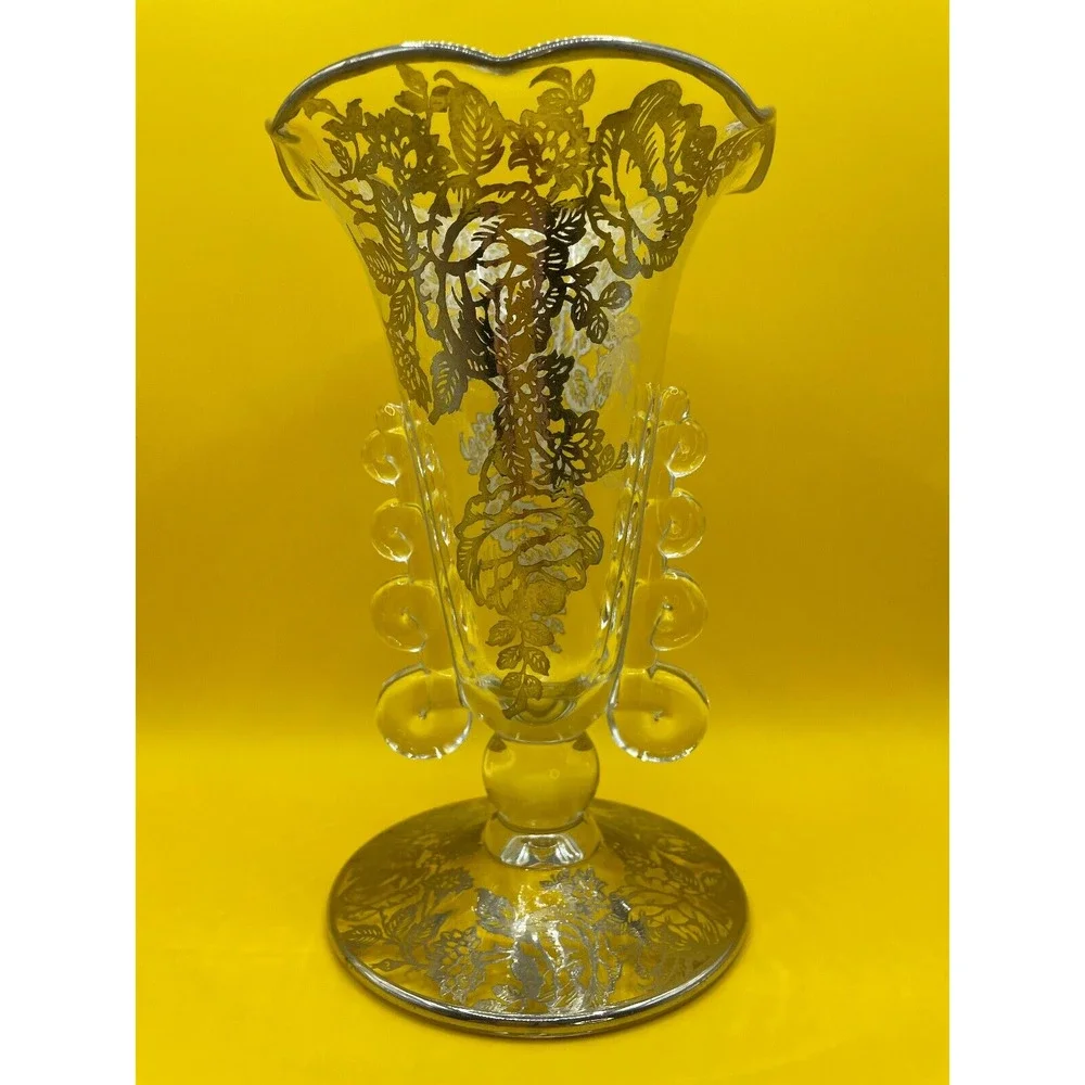 Vintage 1940s Heisey Glass Lariat Crimped Top Vase With Silver Overlay Roses
